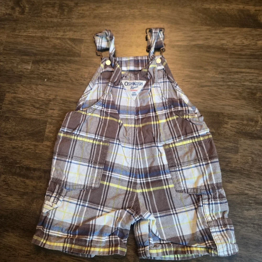 OshKosh Bgosh Baby Boys Brown Blue Yellow Plaid Shortall Overalls 6 Months